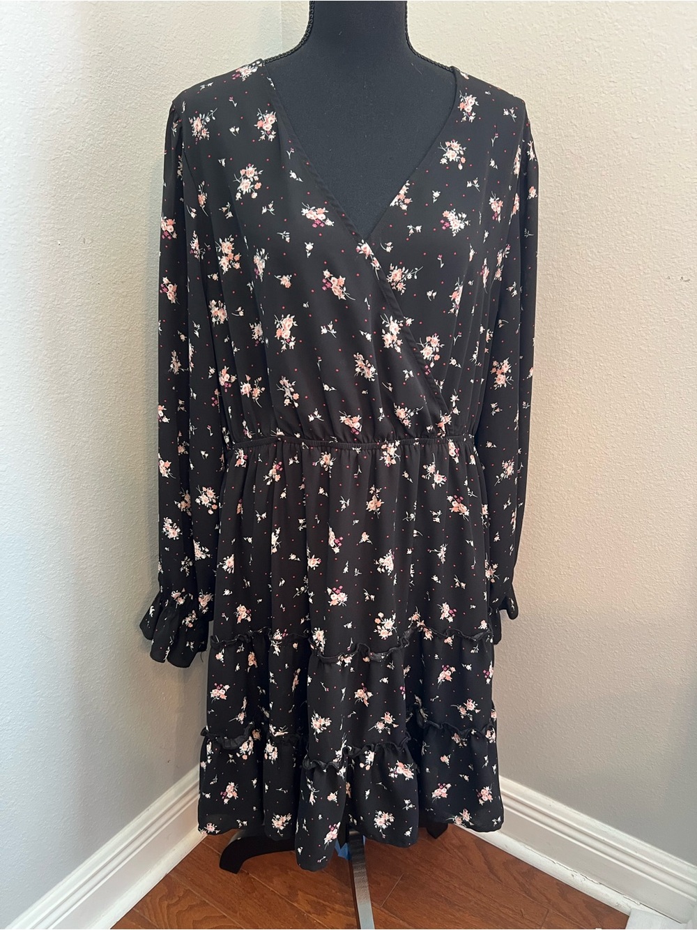 Inspired Hearts Black Long-Sleeve Floral Wrap Dress with Pink and Cream Blossoms